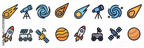 Colorful illustrations of space exploration tools and celestial bodies in a creative layout