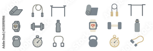 Various fitness equipment and accessories arranged for workout routines in a gym setting