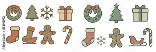 Colorful collection of holiday decorations and treats showcasing festive elements for winter celebration preparation