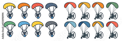 Colorful paragliders in a creative illustration showcasing various designs and patterns for a graphic project