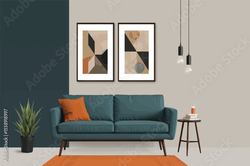 Modern living room interior design teal sofa geometric art