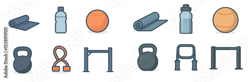 Colorful fitness equipment collection showcasing mats, weights, and balls for home workouts and gym exercise routines