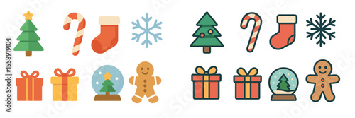 Colorful collection of Christmas icons featuring trees, candy canes, stockings, and gingerbread characters for festive designs