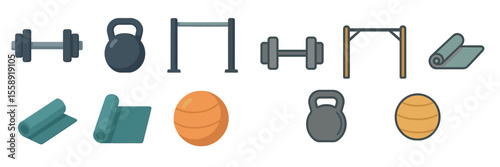 Collection of gym equipment for fitness training focus on strength and conditioning activities