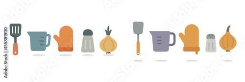 Kitchen tools and cooking utensils lined up on a countertop ready for food preparation and cooking activities in a home setting