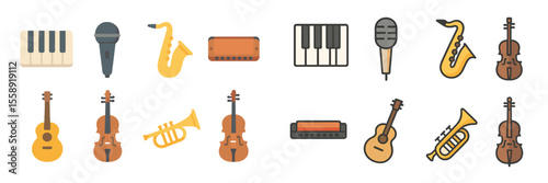 Various musical instruments arranged in a colorful and artistic manner ideal for a music-themed project