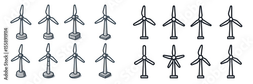 Illustration of various wind turbines arranged in two rows highlighting different designs and styles of renewable energy sources