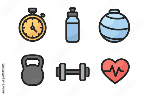Fitness equipment and tools for workouts including a stopwatch, water bottle, and kettlebell represented in a colorful design