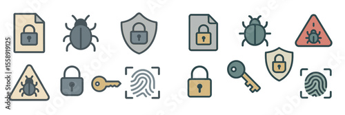 Various cybersecurity symbols representing digital threats and protective measures in a seamless design layout