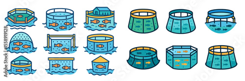 Illustration of various fish farming ponds and tanks used for aquaculture in a tranquil setting