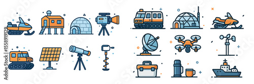 Exploration equipment and vehicles depicted in a modern illustration showcasing varied outdoor activities and environments