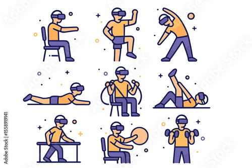 Engaging in virtual reality workouts at home in various poses and exercises for a healthy lifestyle