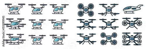 Various models of drones and flying vehicles designed for aerial transportation and delivery in urban areas