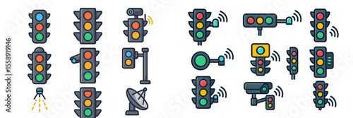 Traffic signal icons representing various designs and smart technology features in urban settings