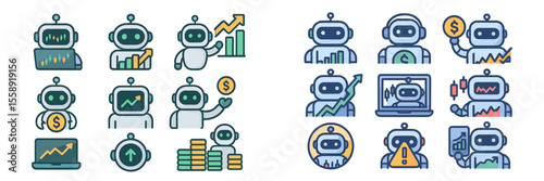 Colorful illustrations of robots engaged in financial activities and data analysis in a modern workspace