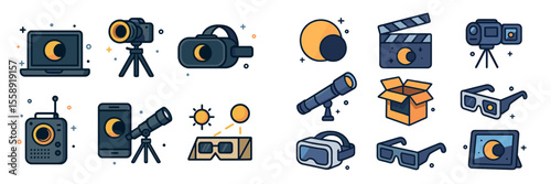 Collection of astronomy-themed icons showcasing equipment for observing celestial events and solar phenomena