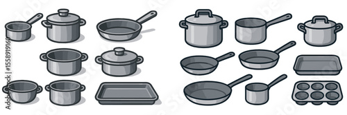 Kitchen utensils arranged in two groups showing various pots, pans, and bakeware for cooking and baking activities