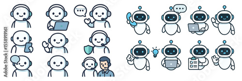 Engaging support icons depicting communication between customer service agents and chatbots in various scenarios