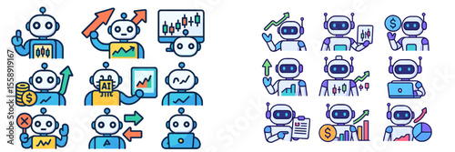 Collection of diverse robot illustrations depicting various activities related to technology and business analytics