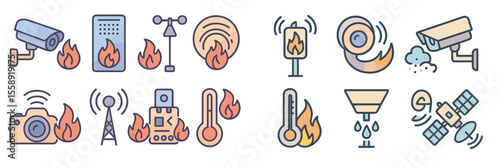 Fire safety symbols and illustrations show tools for monitoring and controlling flames