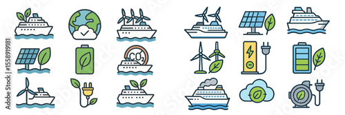 Innovative concepts in sustainable maritime transport showcased with symbols of green technology and eco-friendly practices