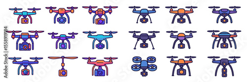Variety of colorful drones with cameras displayed in a grid arrangement