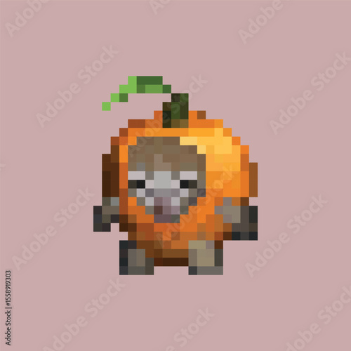 Pixel art of a cat-faced character in a orange costume on a pink background. A surreal and humorous design with strong meme and internet culture appeal
