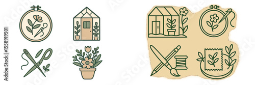 Creative designs of gardening and sewing tools showcasing plants and embroidery in a delightful art style