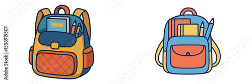 Colorful school backpacks with various supplies displayed on a plain background for educational purposes