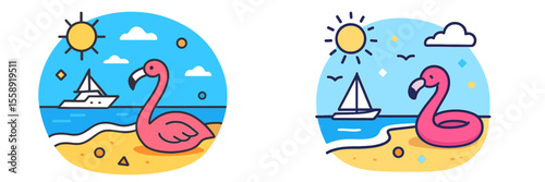 Two colorful flamingos relaxing on a sunny beach with boats in the distance during a clear day by the ocean