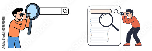 Exploring search engine results with a magnifying glass and binoculars in a digital environment