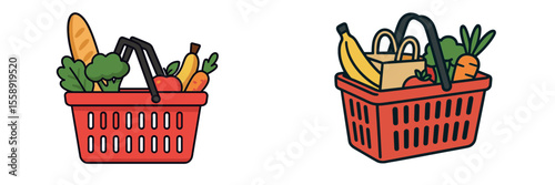 Market baskets filled with fresh produce and groceries ready for shopping at a local farmer's market