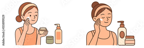 Woman applying skincare products at home while enjoying a self-care routine in a cozy setting