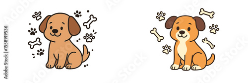 Cute cartoon dogs sitting beside bones in a playful setting with paw prints on the ground
