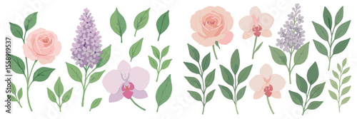 Vibrant floral arrangement featuring roses, orchids, and lilacs with green leaves on a white background