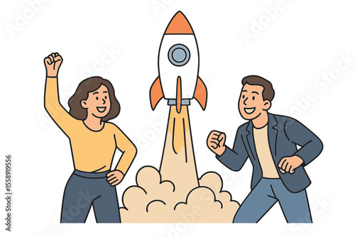 Celebration of a successful rocket launch with two enthusiastic individuals at a tech event