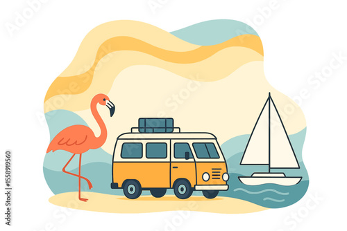 Colorful art of a tropical vacation scene with a flamingo, a camper van, and a sailboat on a sunny beach