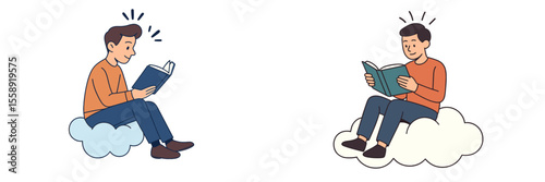 Two individuals sitting on clouds reading books with joy and focus in a lighthearted, whimsical setting
