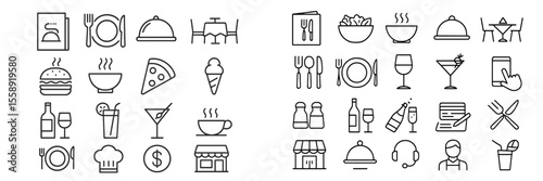 Icons representing various dining experiences and food items in a modern style for culinary design and restaurant themes
