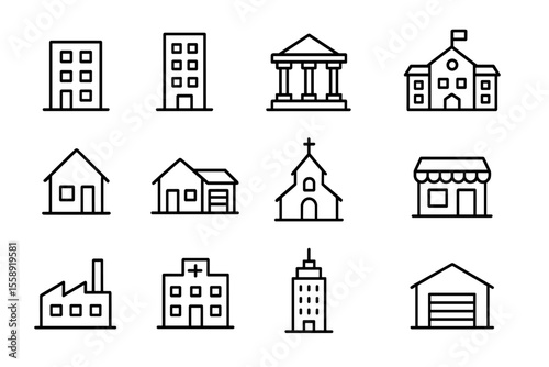 Collection of simple black and white building icons representing various structures and establishments