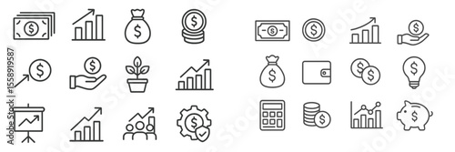 Money management icons for financial growth and investment strategies in a digital environment