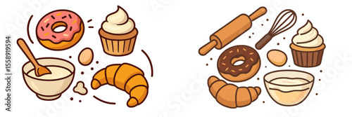 Baking delight with pastries and dessert ingredients arranged on a table in a cozy kitchen setting