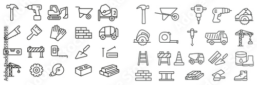 Various construction tools and equipment displayed in a grid, ideal for illustrating building processes and trades