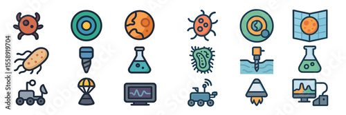 Collection of colorful science icons depicting microorganisms, planets, and exploration tools in a modern flat design