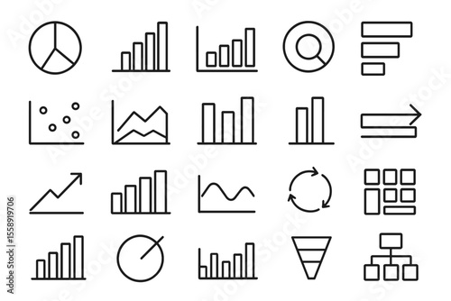 Various line and bar chart symbols for data visualization in business reporting and analytics