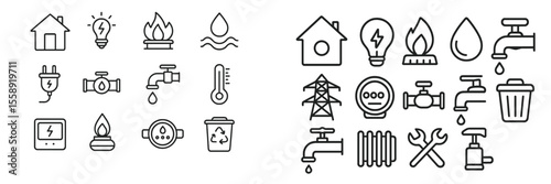 Collection of utility icons representing water, electricity, and heating systems suitable for designs and presentations