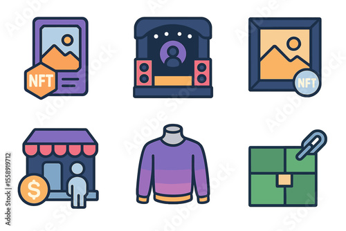 Digital assets showcase features NFTs, artwork, and a shop design in a colorful, modern layout