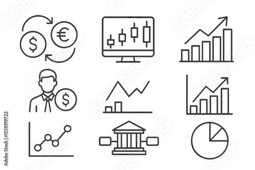 Financial analysis tools showcase various currency exchange charts and business metrics in a modern office setting