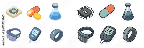 Collection of medical and tech icons representing health monitoring, pharmaceuticals, and wearable technology in a modern design