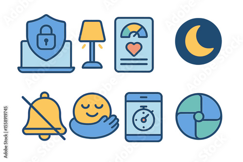 Digital wellness symbols representing security, relaxation, and health monitoring at night for promoting a balanced lifestyle